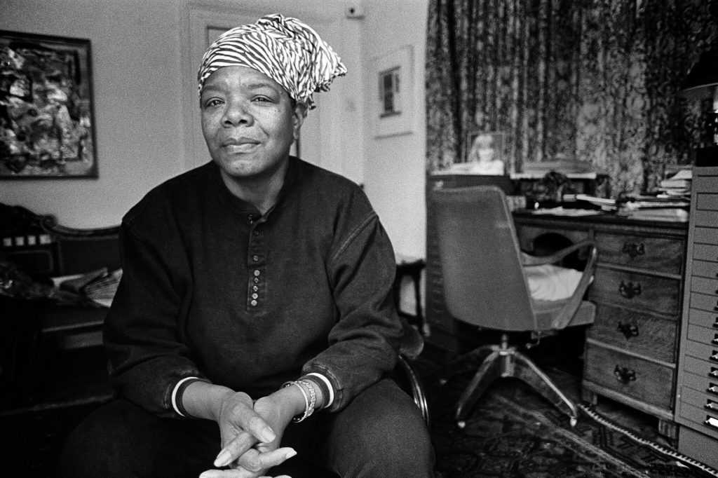 A black and white photograph of Maya Angelou