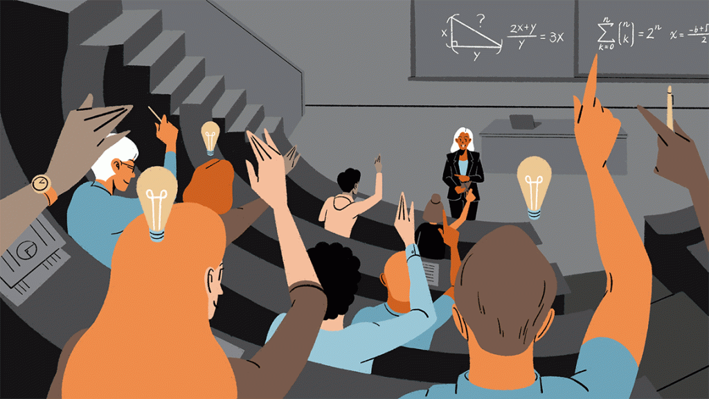 An illustration showing a lecturer teaching to a group of students, who are depicted with idea-lightbulbs above their heads, in a large lecture theatre.