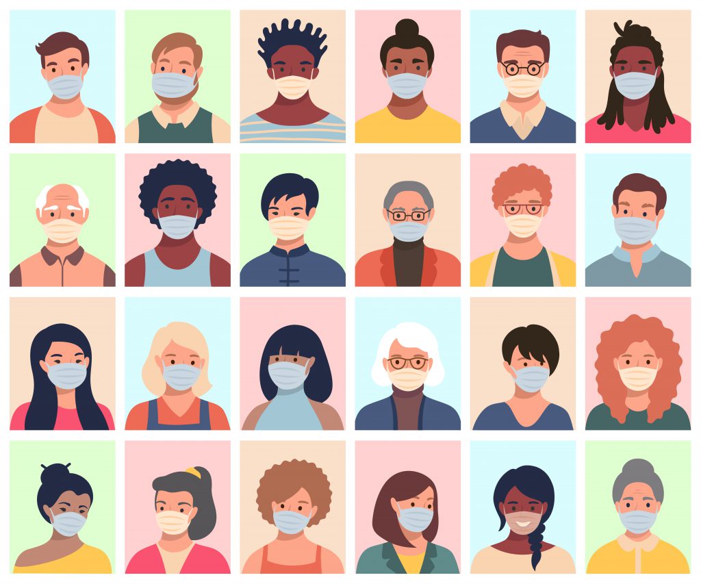 Vector set of persons, avatars, people heads of different ethnicity and age in protective masks. Men and women in flat style following recommendations for the prevention of coronavirus.