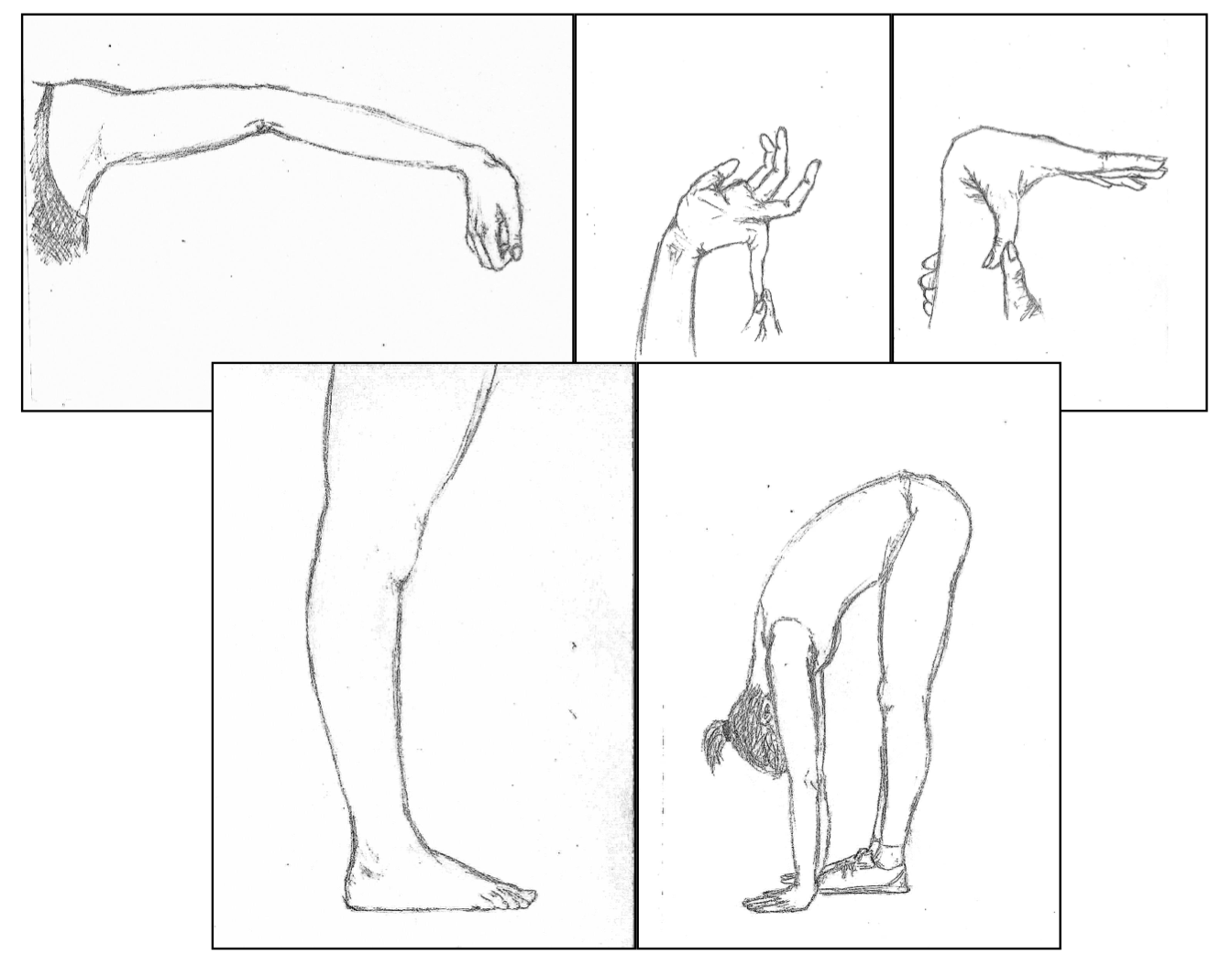 5 illustrations showing an elbow, a pinky finger, a thumb and a knee hyperextending and a person touching their hands flat to the floor.  