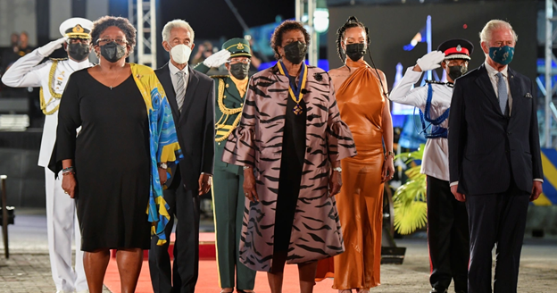 November 2021 Barbados Independence Ceremony. Left to right: Prime Minister Mia Mottley, Dame Sandra Mason, Rhianna, Prince Charles. 