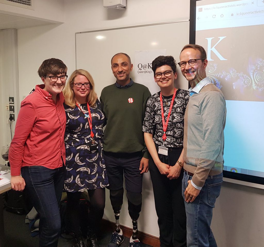 A happy photograph of Parapride's Daniel Lul with 4 Queer@King's members at the announcement of the Activist-in-Residence scheme