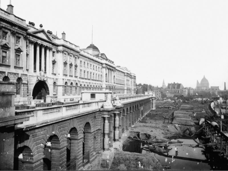 South side Somerset House and King's College London, before the embankment. c. 1864 via History Today. 
