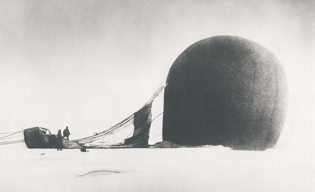 S. A. Andrée and Knut Frænkel with their crashed balloon, 1897, via Wikimedia Commons.