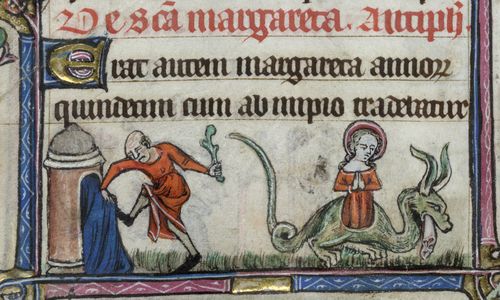 St Margaret being thrown into prison, and escaping from the belly of the dragon, from the Taymouth Hours, England, 2nd quarter of the 14th century, British Library, Yates Thompson MS 13, f. 86v
