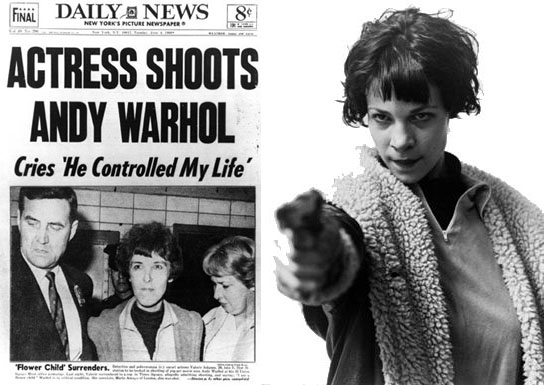 Image via VICE: A front page of the 'Daily News' with the headline 'Actress shoots Andy Warhol', and a portrait of Valerie Jean Solanas holding a gun.