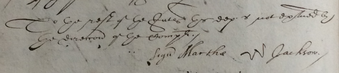 The closing lines of the deposition of Martha Jackson, showing the ‘mark’ (an upside-down ‘m’) that she made instead of a signature.