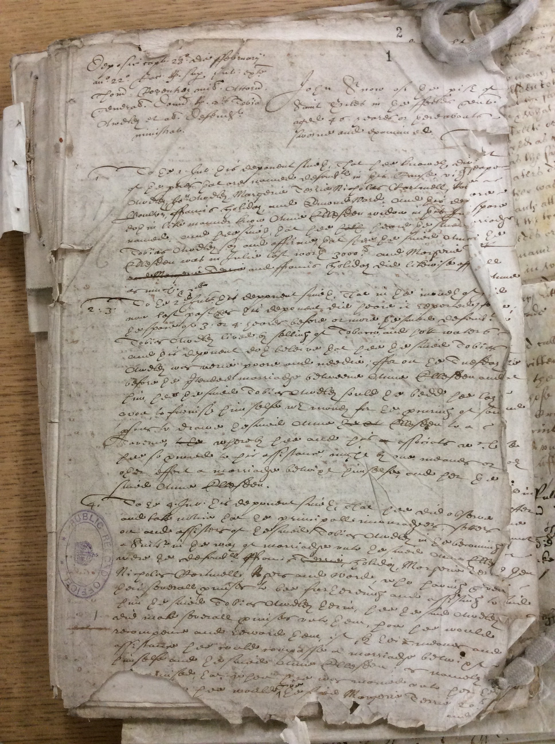 The deposition of John Snowe in one of the lawsuits over the marriage of Anne Elsden and Tobias Audley, one of the documents on which our symposium and workshop scenes drew. The National Archives, STAC 8/13/16 [link: http://discovery.nationalarchives.gov.uk/details/r/C5568370]. We are very grateful to Lauren Cantos, Kim Gilchrist, Jennifer Hardy, Suzanne Lawrence, Miranda Fay Thomas and Jennifer Young for helping us to prepare transcriptions of the lawsuits