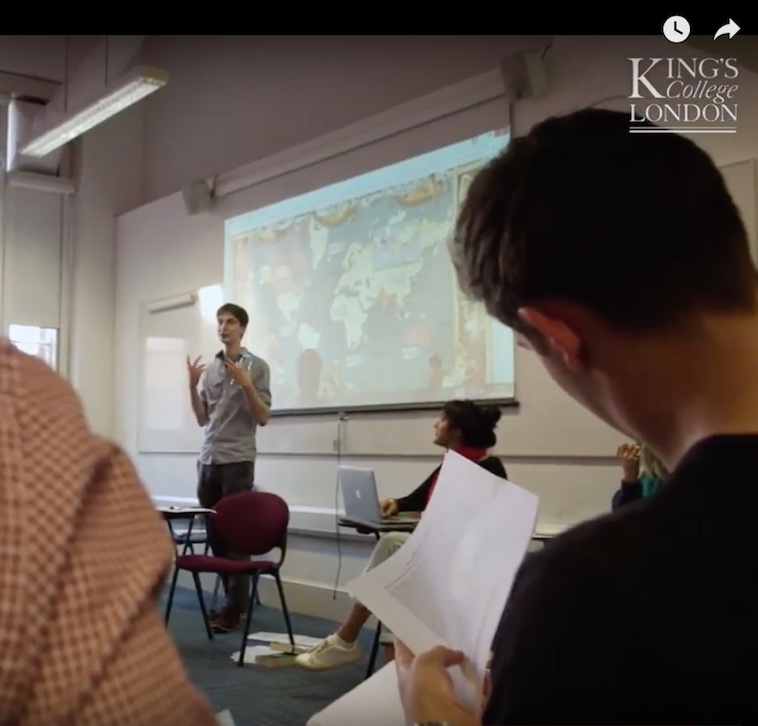 Dr Tom Langley, from the Department of Comparative Literature, at a lecture. A still from the departmental film at https://www.kcl.ac.uk/artshums/depts/complit/about/index.aspx. 
