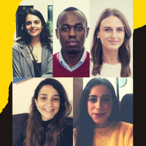 five faces, three on top row, two on bottom row showing the student authors in a smiling professional setting. In the background of the 5 photos, a mix of black and yellow background highlights the upward dynamic of their journey.