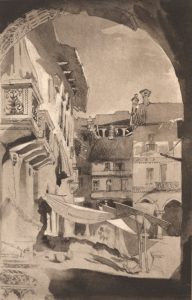 A street scene from the northern Italian city of Vercelli, painted by Ruskin in 1846