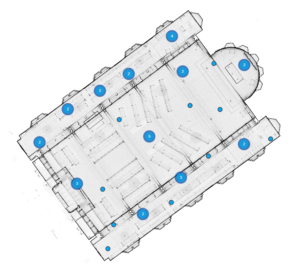 An image showing a floor plan of The Chapel at King's College London, with blue dots representing locations of laser scans
