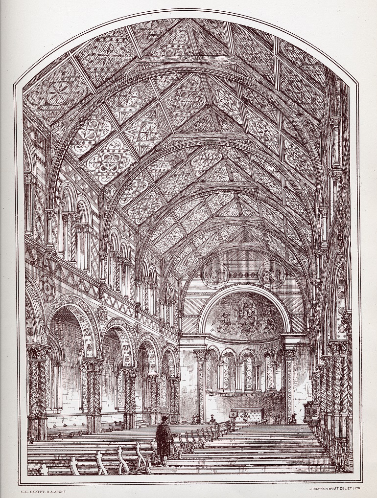 A print of an engraving showing the proposed design for the King’s College London Chapel by George Gilbert Scott produced by J Frayton Wyatt. 