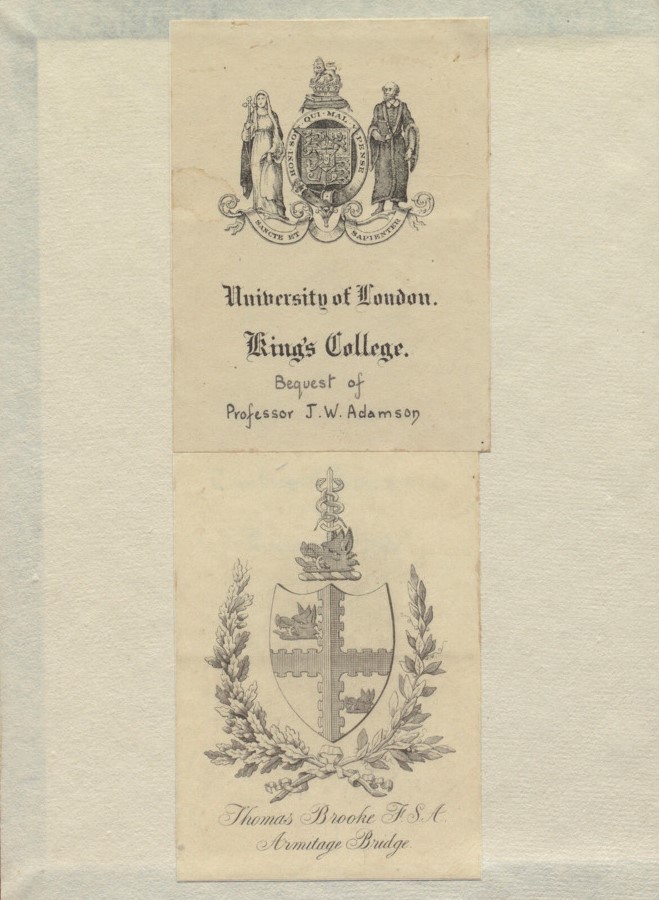 Two bookplates, one for Sir Thomas Brooke and one for Professor John William Adamson