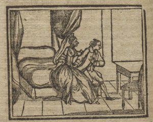 Woodcut of a woman in a bed chamber
