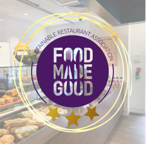 Graphic showing a background image of a King's food outlet and the Food Made Good logo with 3 stars.