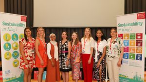 King’s Sustainability Team. From left to right: Rachel Harrington-Abrams, Emily Read, Tasnia Yasmin, Kat Thorne, Alexandra Hepple, Jone De Roode Jauregui, Lavinia Allen, Nicola Hogan.