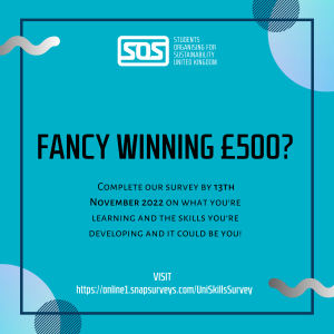 Graphic with the text "Fancy winning £500? Complete our survey by 13th November 2022 on what you're learning and the skills you're developing and it could be you! Visit https://online.snapsurveys.com/UniSkillsSurvey" and the Students Organising for Sustainability United Kingdom logo,