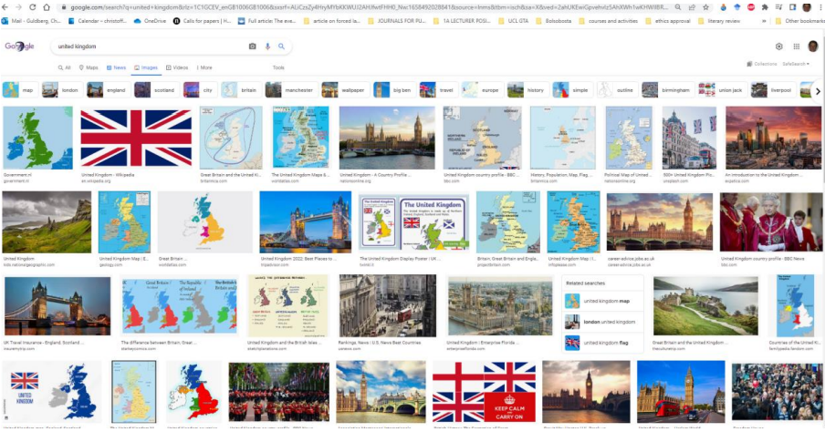 Google Image results shows tiles of images for “The United Kingdom”; sites, practices, people, and symbols 