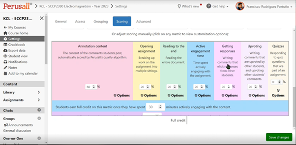 Perusall grade settings, displaying criteria and editable fields for weighting and other options