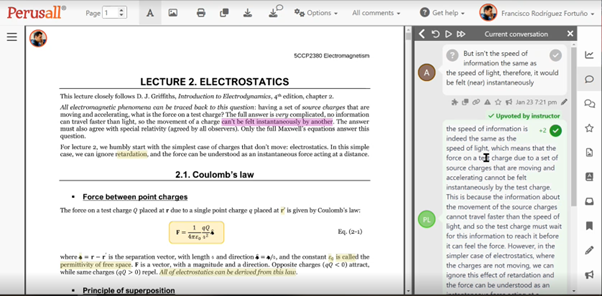 The Perusall annotation interface. Text in the left pane with comments displaying as highlights. Comments expanded in the right pane.