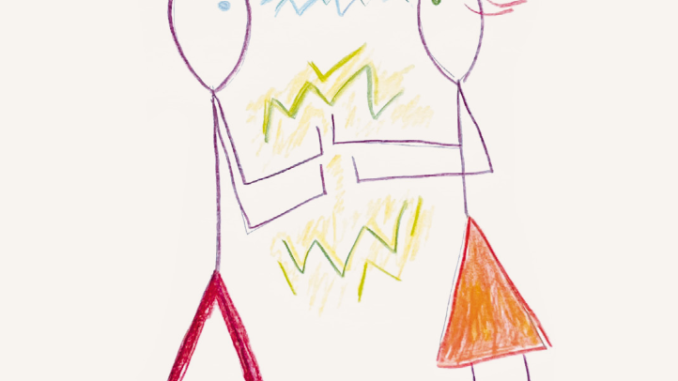 Stick drawing of two people connecting with their eyes, hands and hearts