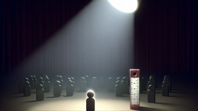 Image generated by CoPilot from the prompt: draw me a visual metaphor for a one-sample t-test. Depicts a spotlight on a single figure surrounded by many others, with an adjacent ruler