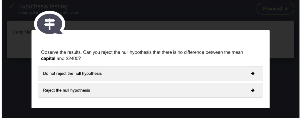 Instructions display: "Observe the results. Can you reject the null hypothesis that there is no different between the mean capital and 22400?" There are two options: reject or do not reject.