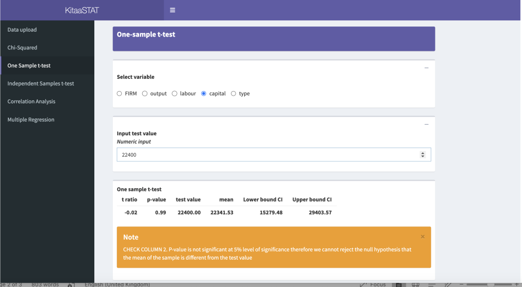 KitaaSTAT screen for the One-sample t-test where students can check the results in relation to the value given earlier.