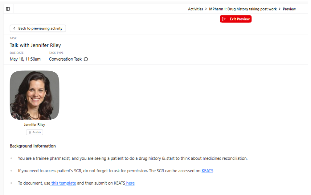 Screenshot of the simulated patient interface, including a picture of Jennifer Riley and some background information about student's own role