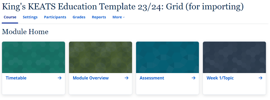 Screenshot showing the Module Home page featuring a Timetable, Module Overview, Assessment and Week 1/Topic tabs.