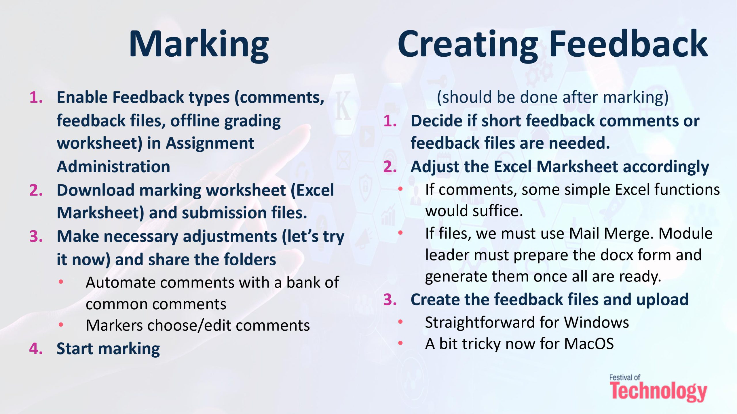 A screenshot showing the step by step summary for collecting marking and feedback