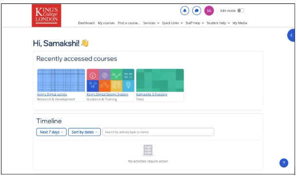 Screenshot of KEATS homepage prior to timeline usage optimisation.