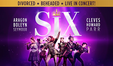 A promotional poster for Six the Musical showing the six wives of Henry VIII performing with pop microphones.