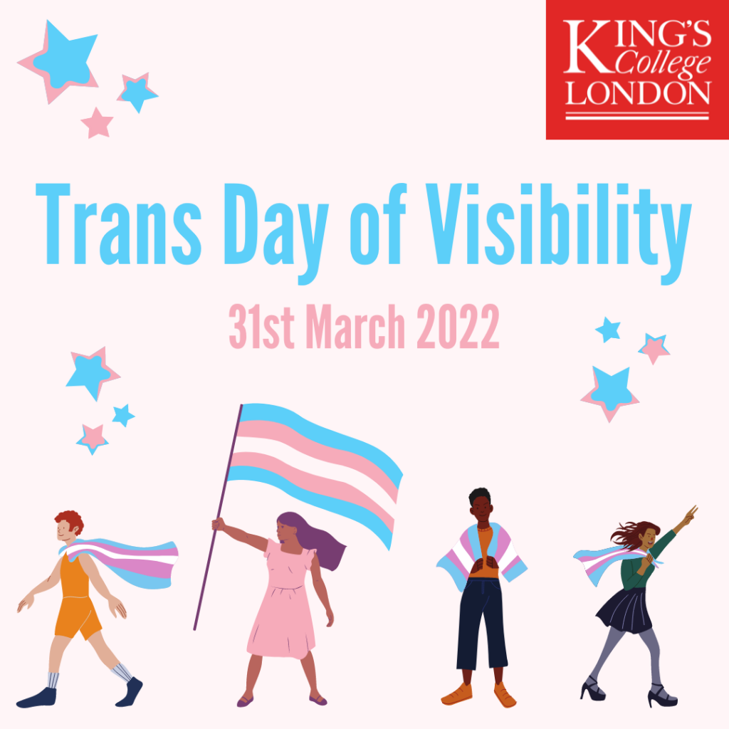 Trans Day of Visibility Banner, featuring 4 illustrated people holding pink, white and blue trans flags