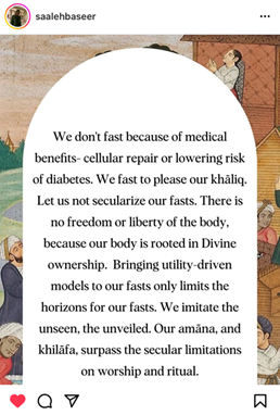 We don't fast because of medical benefits- cellular repair or lowering rick of diabetes. We fast to please Khaliq. Let us not secularize our fasts. There is no freedom or liberty of the body, because our body is rooted Divine ownership. Bringing utility-driven models to our fasts only limits the horizons for our fasts. We imitate the unseen, the unveiled. Our amana, and Khilafa, surpass the secular limitations on worship and ritual. 