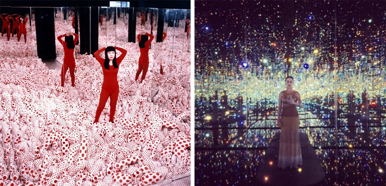 Left: Yayoi Kusama in "Phalli's Field", Louisiana Museum of Modern Art, via Huffington Post. Right: Katy Perry in “The Souls of Millions of Light Years Away”, via Instagram.