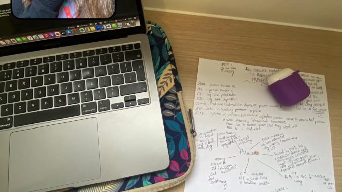 Laptop and notes with BeReal screenshot