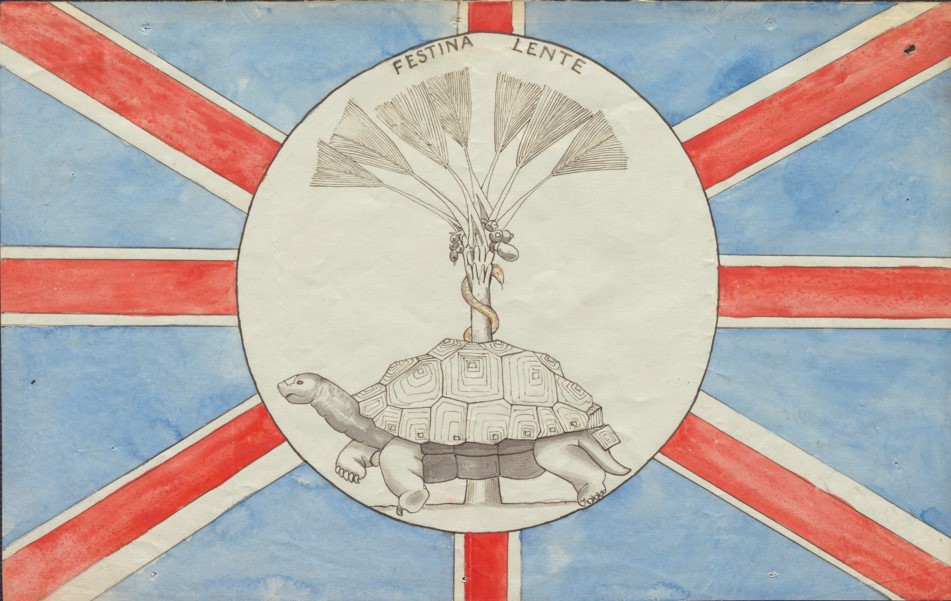 Design of a flag for Seychelles produced by General Gordon in 1881. It features a central badge with a tortoise in front of a serpent-entwined coco-de-mer tree in front of a union jack.