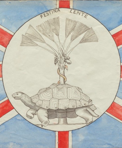 Close-up of the central badge designed by General Gordon with a tortoise in front of a serpent-entwined coco-de-mer tree in front of a union jack.