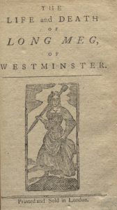 Title page of book Long Meg showing woodcut female figure