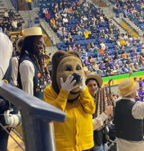 Oski, the school mascot, at a basketball game