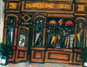 Umbrella Shop -- Paris, oil on canvas, 14" x 18", c. 1991