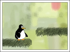 A partial screenshot of a video game showing a penguin and two platforms in a platformer game