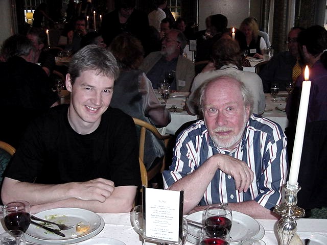 Image of Niklaus Wirth and Michael Kölling, sitting at a table at dinner.