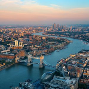 The London skyline featuring the Thames, Tower Bridge and Canary Wharf