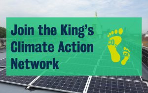 An image of solar panels at King's, with the text "Join the King's Climate Action Network"