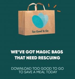Graphic showing a paper bag with the Too Good To Go logo and below text reading "We've got magic bags that need rescuing. Download Too Good To Go to save a meal today"