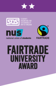 Graphic showing the SOS, NUS and Fairtrade logos, and the text "Fairtrade university award"