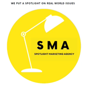 Visual branding created by a student group. Yellow disc containing white anglepoise lamp and black text: SMA. Spotlight Marketing Agency. We put a spotlight on real world issues.